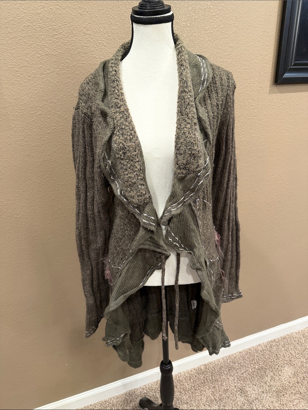 Layered Olive Knit Open-Front Cardigan with Drape
